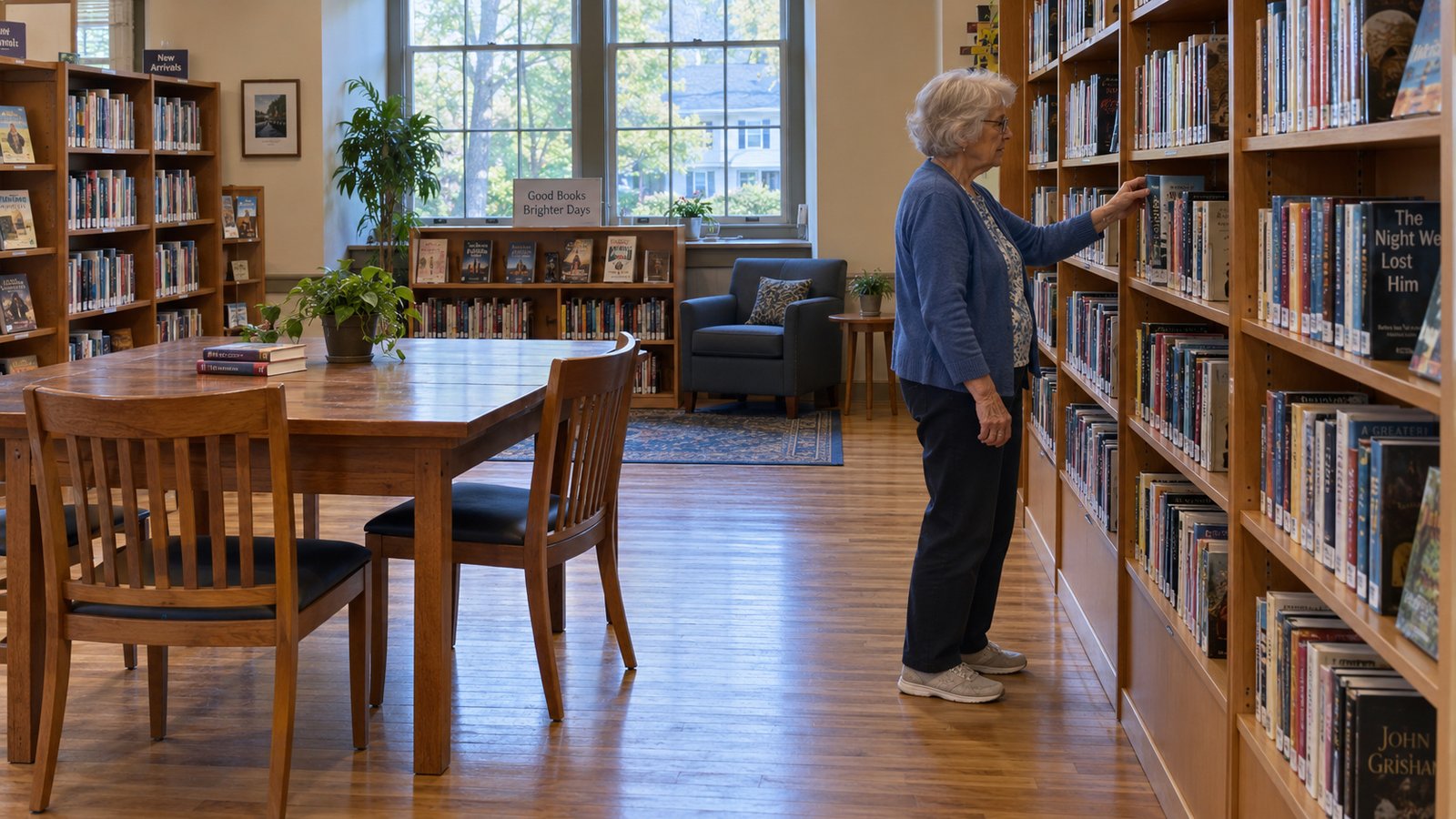 Use community resources Older woman in a blue cardigan choosing a book beside shelves and a reading table in a library