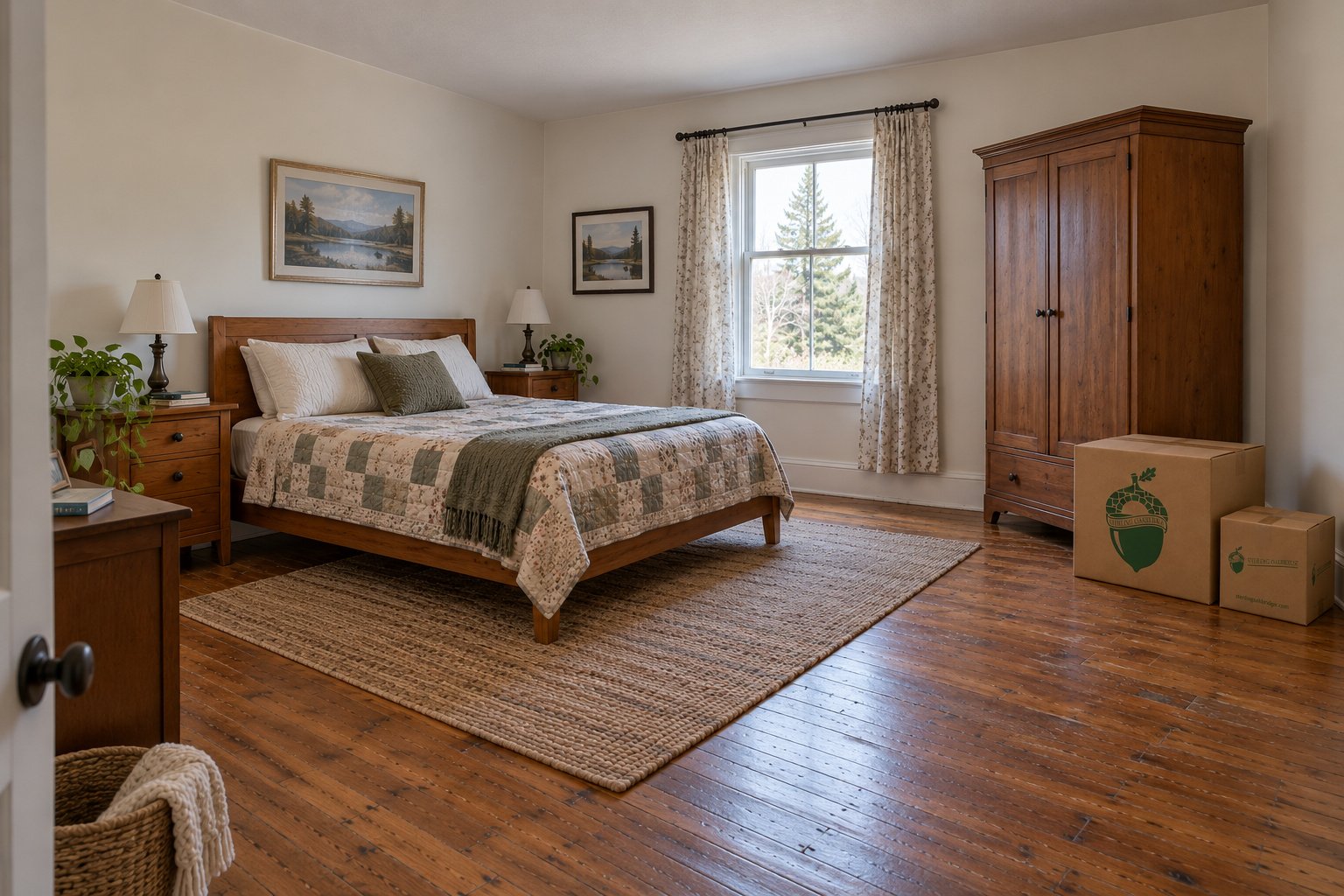 Check room fit before delivery Bedroom with a complete wooden double bed, wardrobe and two separate branded kraft cartons