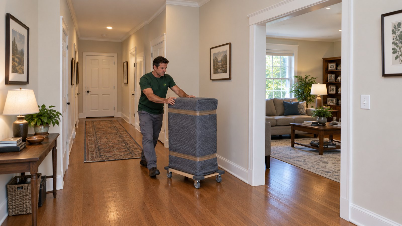 Keep the receiving route clear Male mover guiding a blanket-wrapped upright chest on a wooden furniture dolly through a home hallway