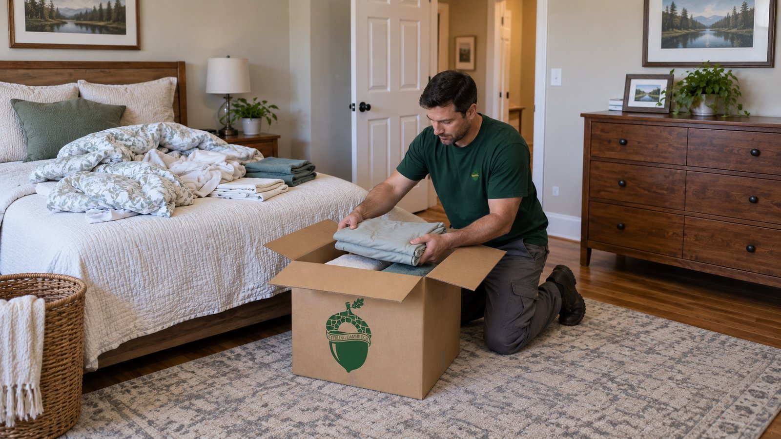 Pack the linens you will not need in transit Male mover kneeling in a bedroom and lowering folded linens into an open branded kraft carton