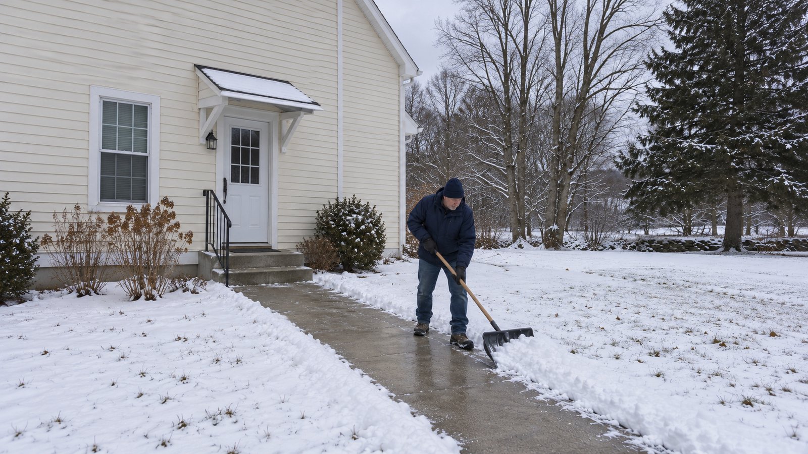 Prepare winter access Man in a navy coat clearing a private walkway beside a house entrance with two steps