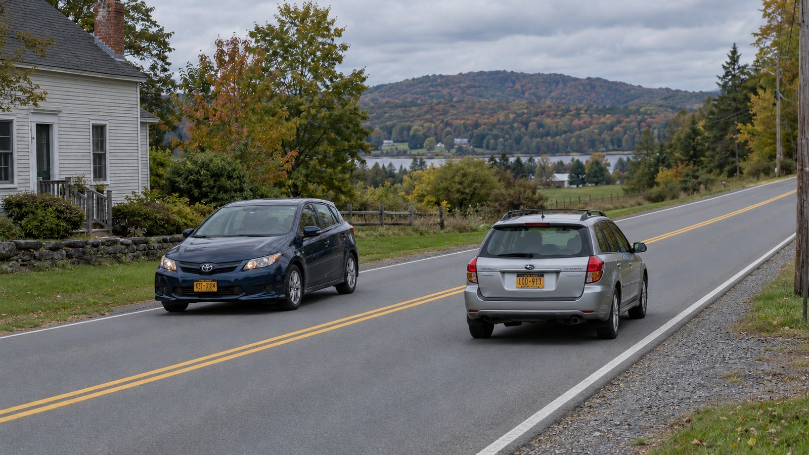 Test your road journeys Navy hatchback approaching and silver wagon receding in opposite lanes of a rural two-lane road