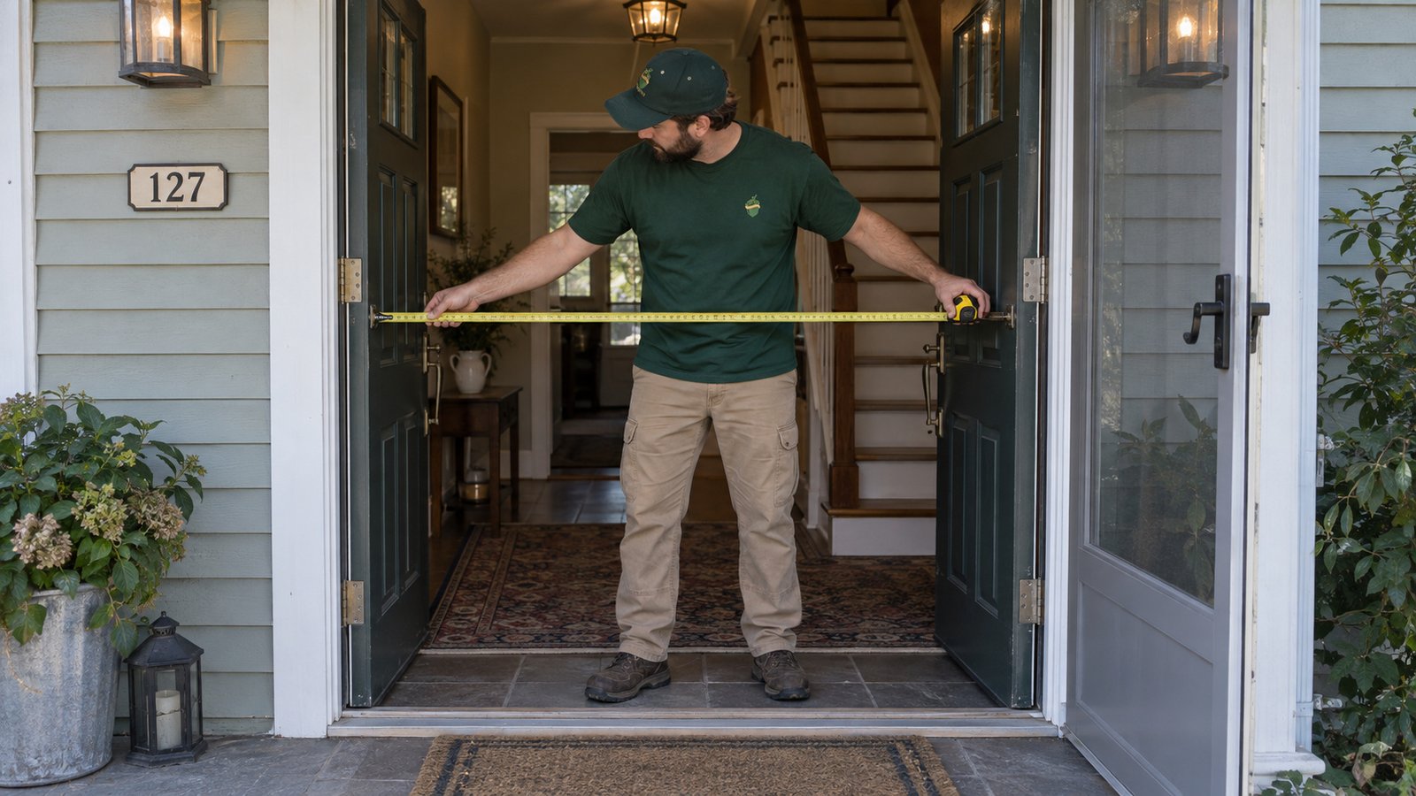 Measure the actual opening A whole male worker measures a double hinged entry opening beside a storm-door leaf.