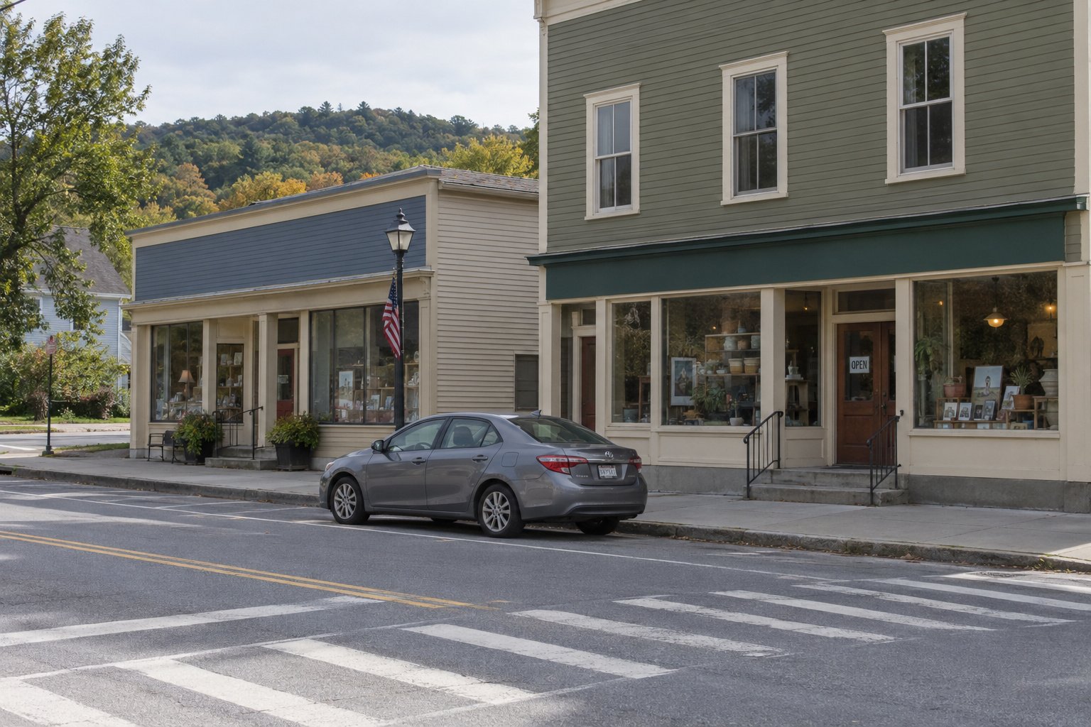 A whole gray sedan beside plain wood storefronts and an empty connected sidewalk.