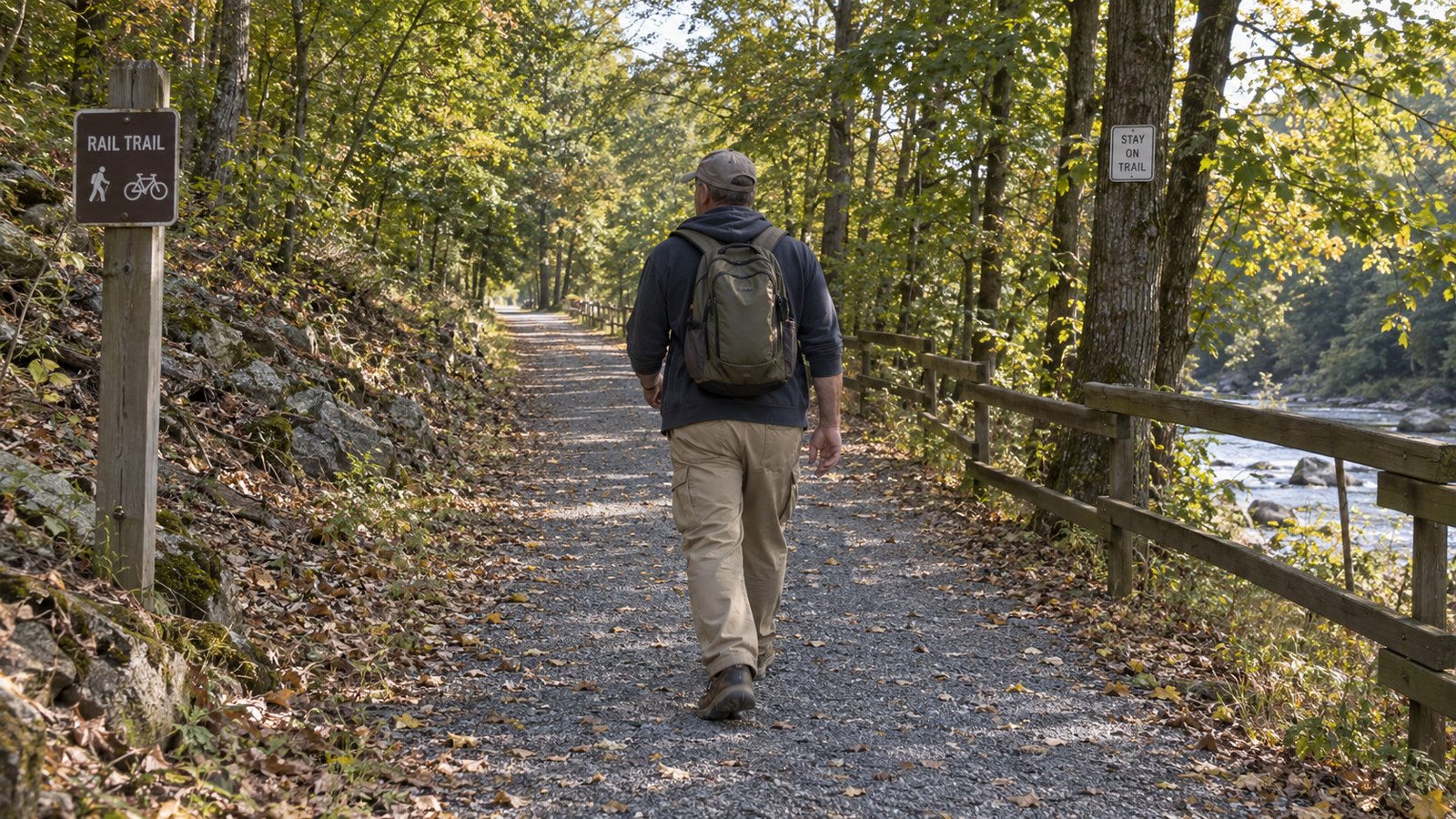 A whole ordinary man walks along a level wooded rail trail beside water.