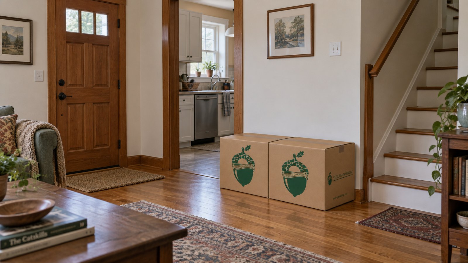Two closed small Book cartons beside a complete entry doorway and wooden stair.