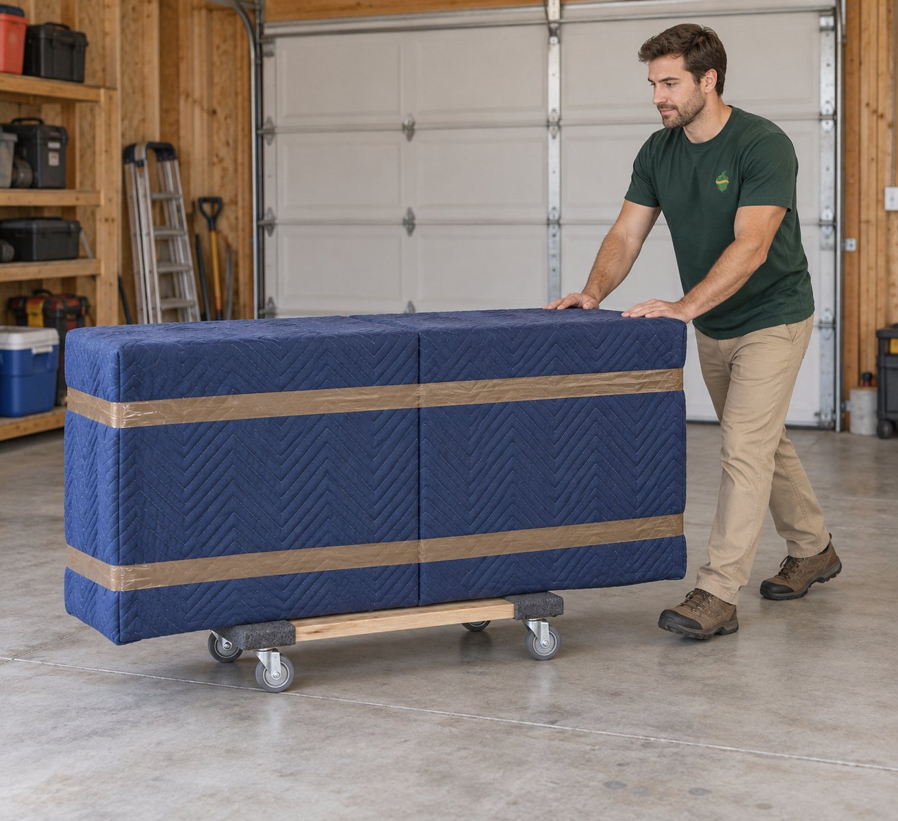 Prepare furniture before moving it A whole male mover pushes a blanket-wrapped low cabinet on a compact wooden furniture dolly.