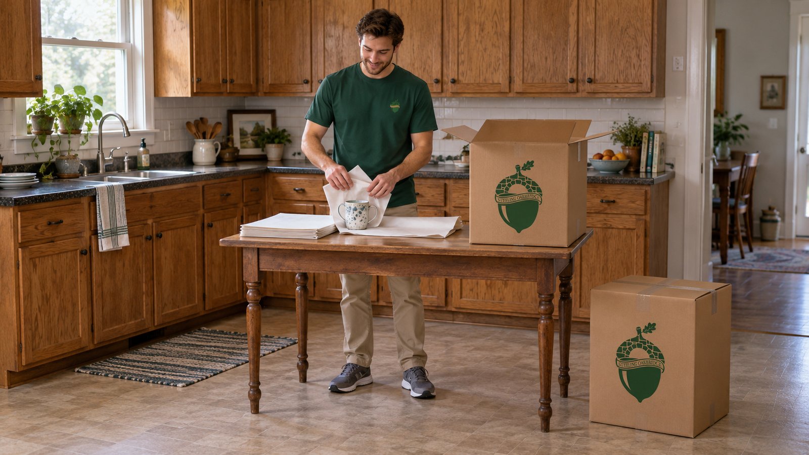 Prepare the selected packing work A whole male packer wraps a ceramic mug beside an open tall kraft China carton.