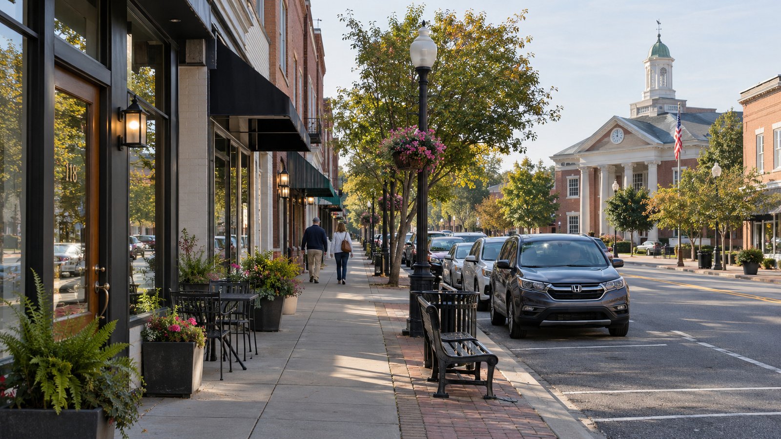 Small-town sidewalk beside brick storefronts, with a parked car, two distant pedestrians and a civic clock tower behind.