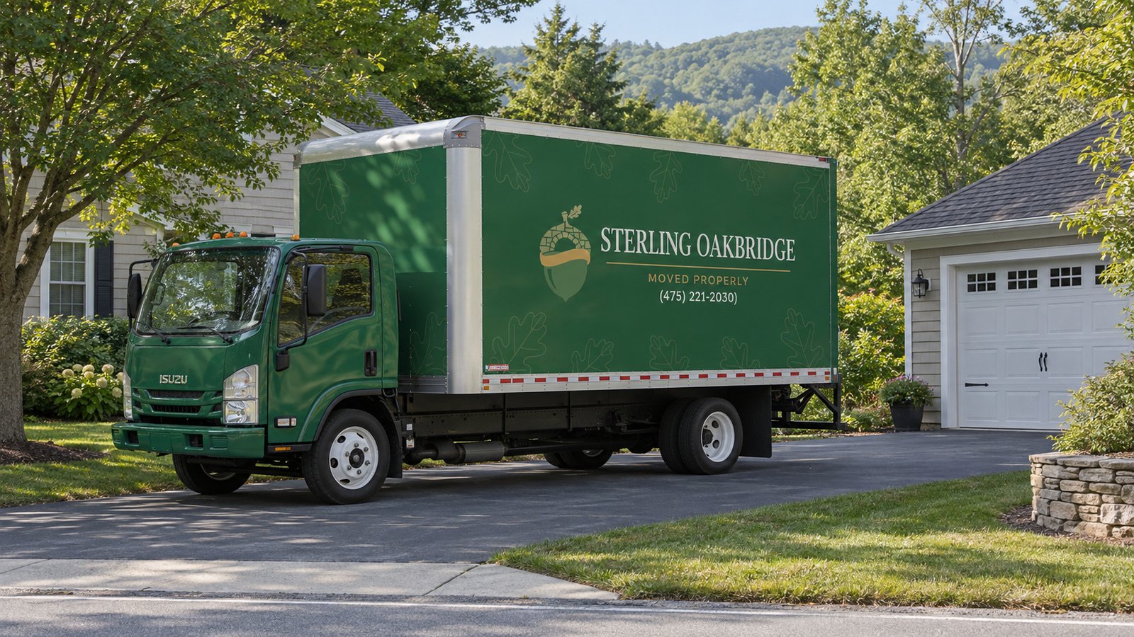 The truck and its standing space Green Sterling Oakbridge box truck parked on a paved private driveway beside a closed garage.