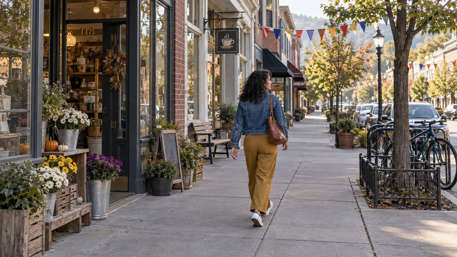 Woman in a denim jacket walking along a small-town storefront sidewalk beneath festival bunting.
