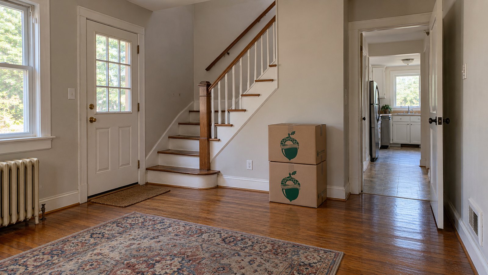 Older house entry with a wooden staircase, clear passage to a sunlit kitchen and two closed kraft cartons by the wall.