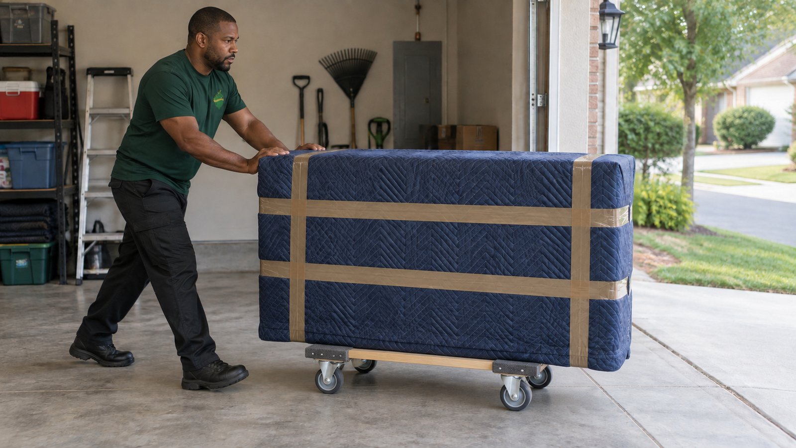 The level route for the dresser A mover rolls a protected dresser with balanced overhang on a compact furniture dolly toward a garage opening.