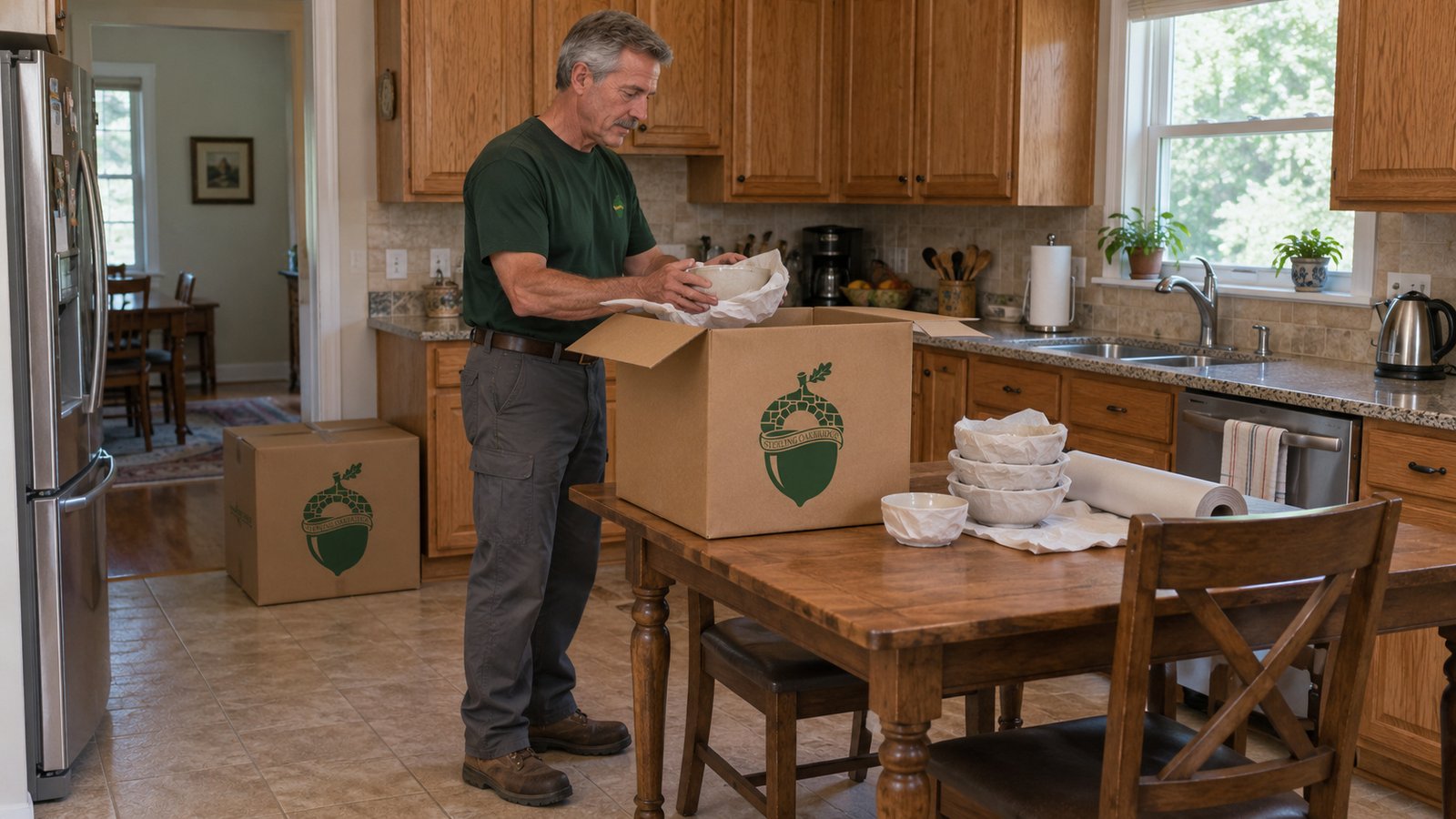 Preparing the kitchen Gray-haired male packer wrapping bowls in paper beside an open branded kraft carton on a wooden kitchen table.