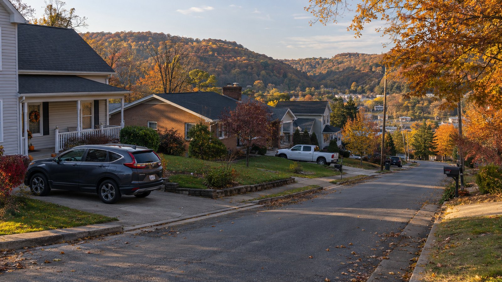 Quiet residential street with autumn trees, houses and a car parked in a private driveway.