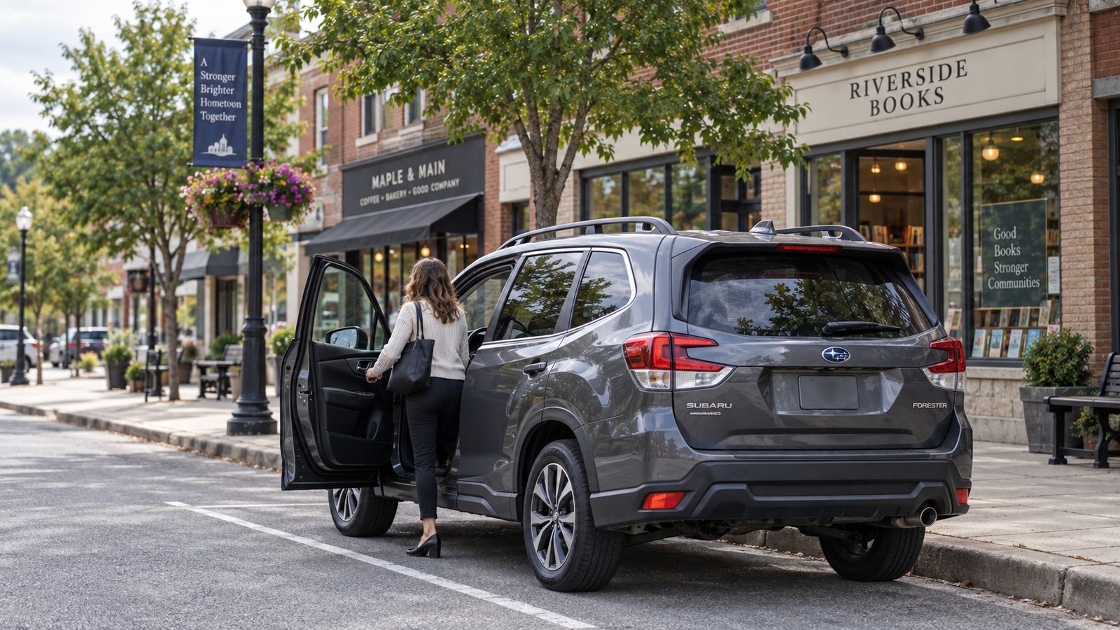 A resident with a work bag enters a parked gray SUV on an ordinary town shopping street.
