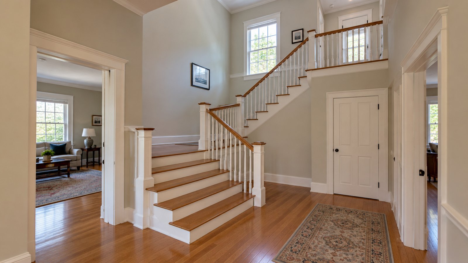Checking a stairway turn Wooden L-shaped staircase with a square landing, a second flight and a handrail