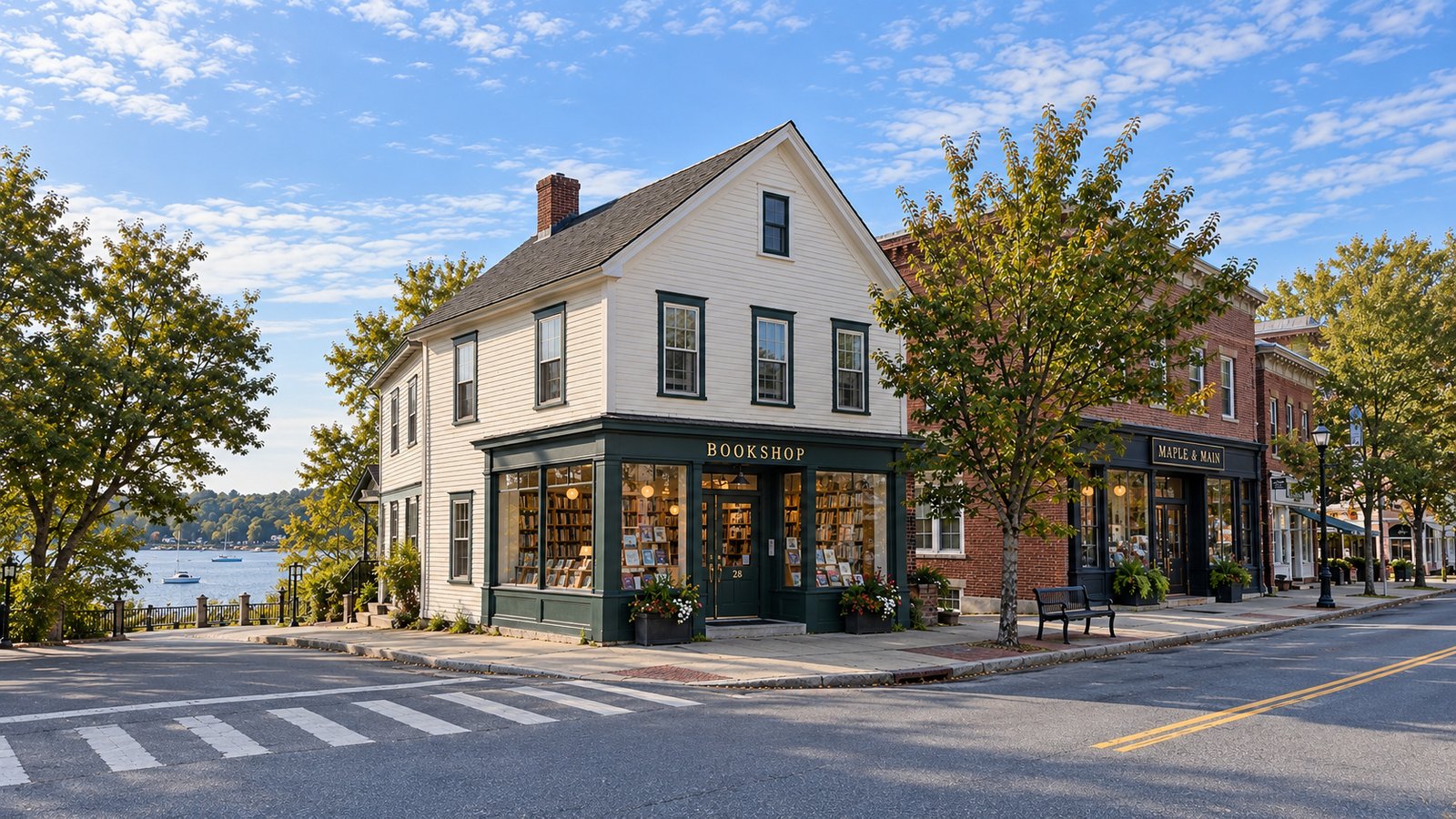 A neighborhood bookshop Cream clapboard corner bookshop with a green storefront, a sidewalk bench and neighboring brick buildings