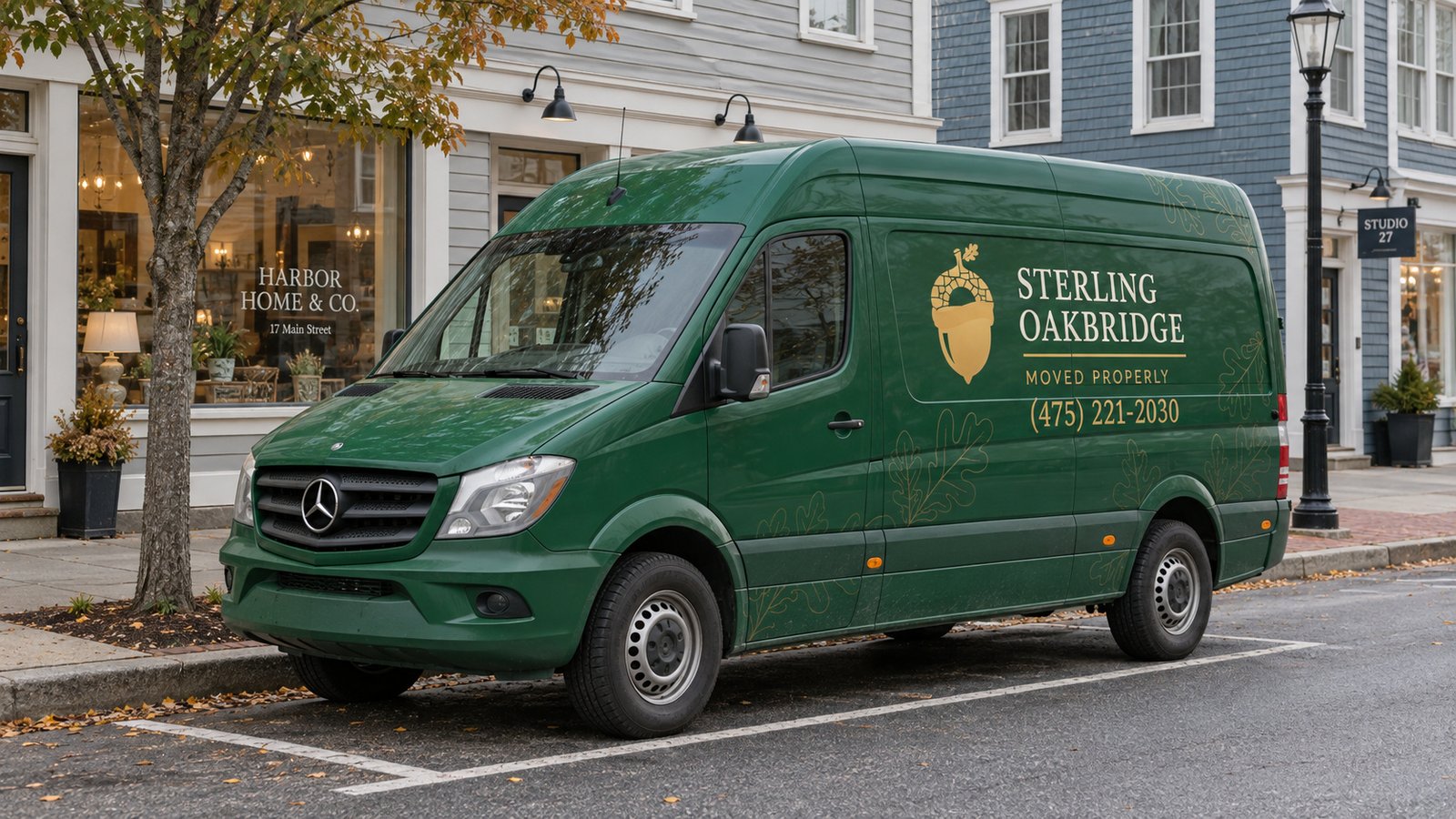 Planning the vehicle position Green Sterling Oakbridge Sprinter parked parallel to the curb in a marked street parking space