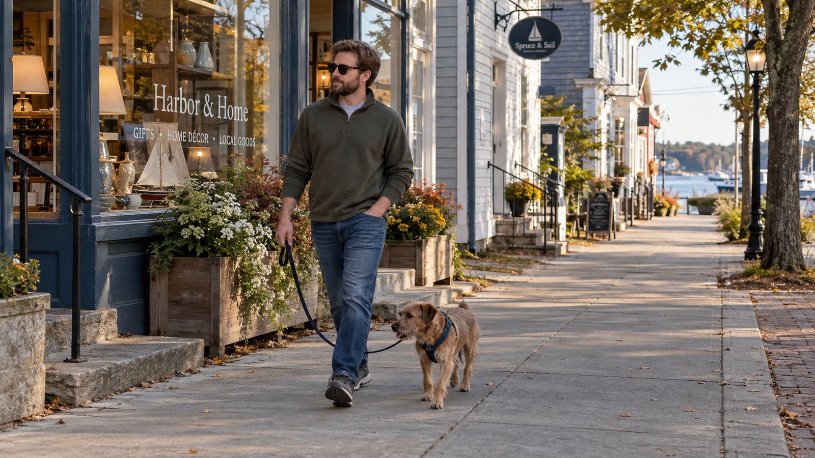 A walk with the dog Man in casual clothes walking a small brown dog on a leash past shopfronts