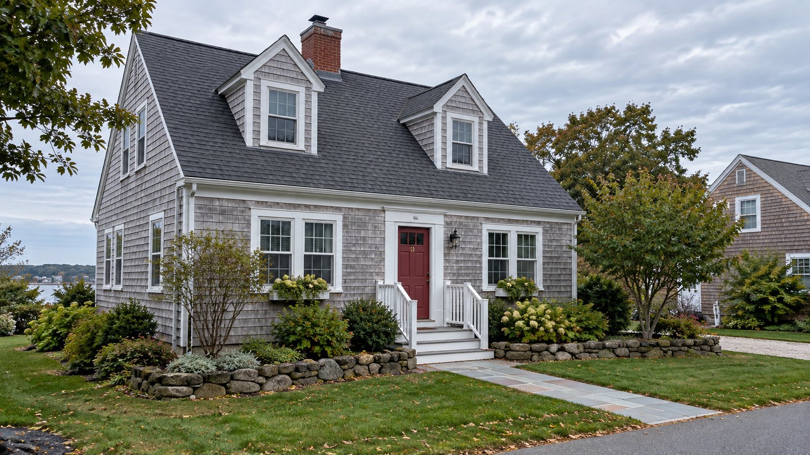 A shingled home with a front garden Gray shingled house with two dormers, a red front door and steps beside a stone-edged garden