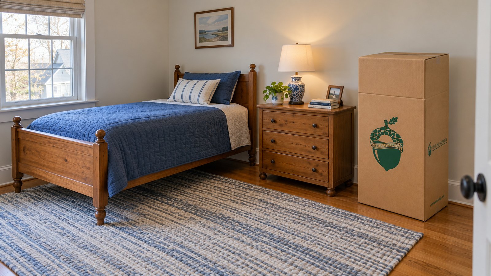 Making room in a guest bedroom Wooden single bed with a blue cover beside a low dresser and a closed kraft wardrobe carton