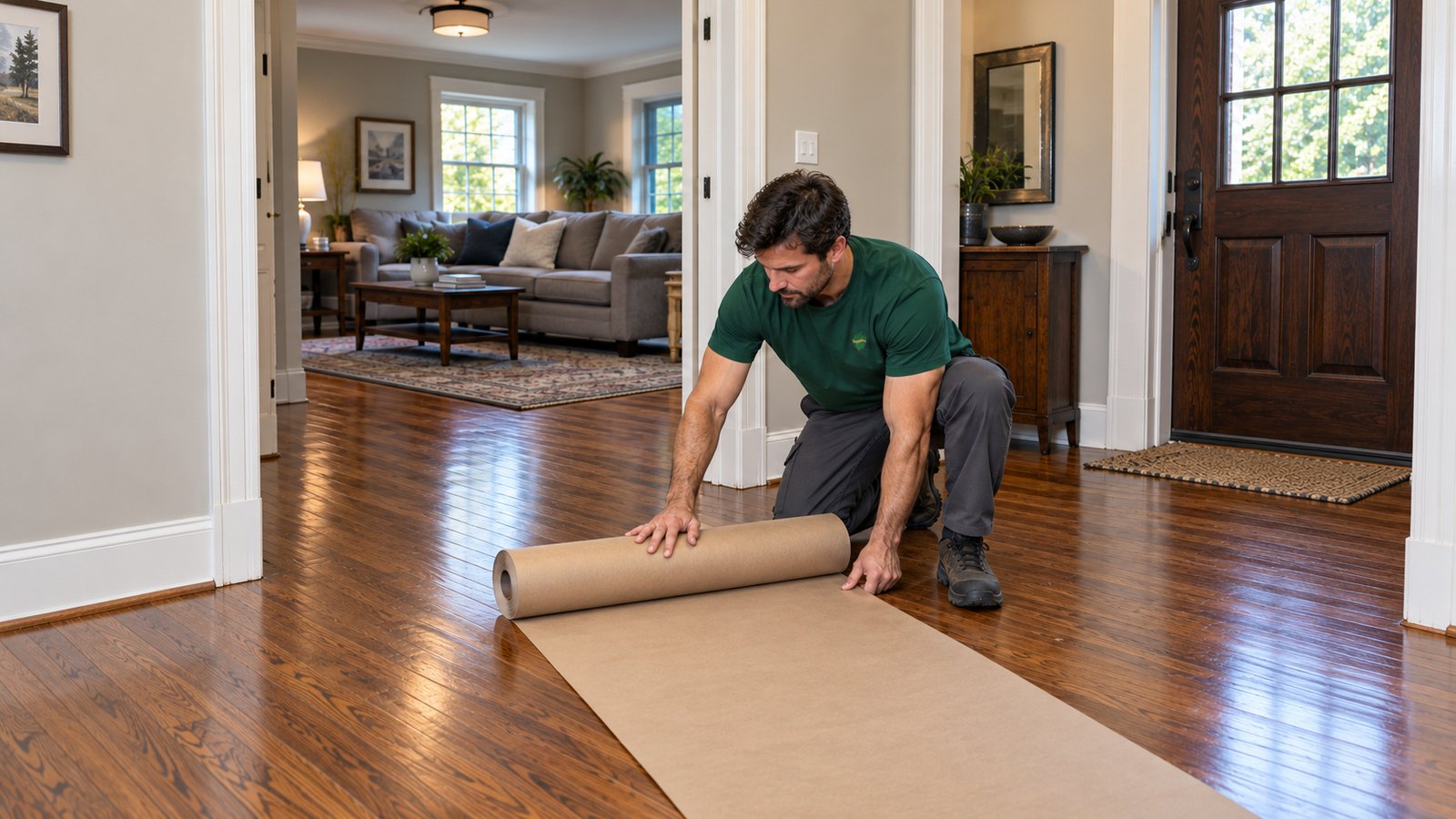 Preparing a protected carrying route Male Sterling Oakbridge mover kneeling on a hardwood floor while laying brown protective paper from a roll