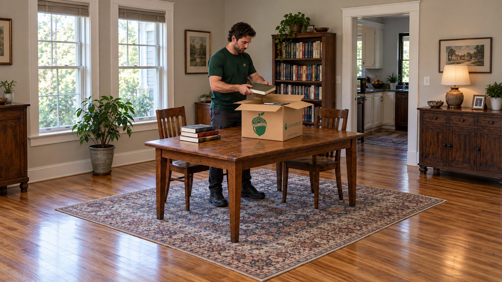 Packing a small carton of books Male Sterling Oakbridge mover lowering a hardback book toward a small open kraft book carton on a wooden table