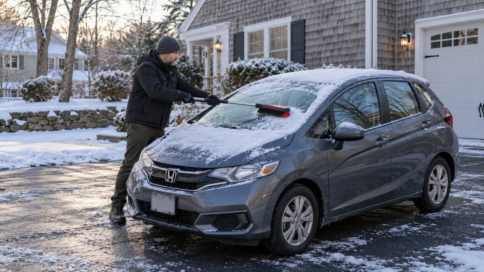 Clearing the car before leaving Homeowner using a long snow brush on the windshield of a compact car in a cleared driveway