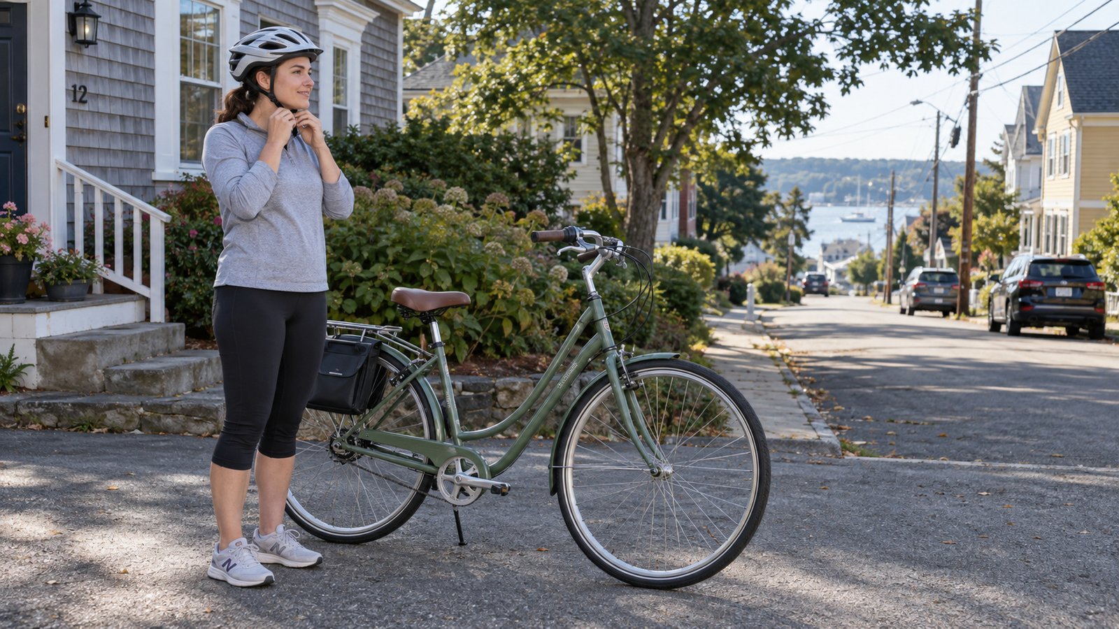 Getting ready for a bicycle ride Woman adjusting her helmet strap beside a green step-through bicycle on a paved area