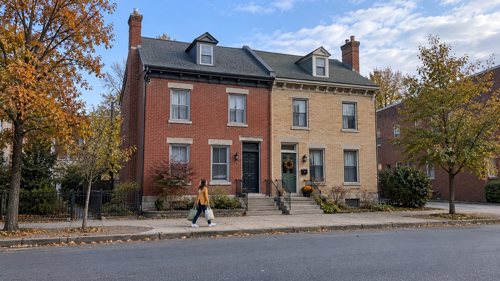 Try the ordinary walk from the home A woman carries two grocery bags along a sidewalk in front of two complete attached red and buff brick homes.