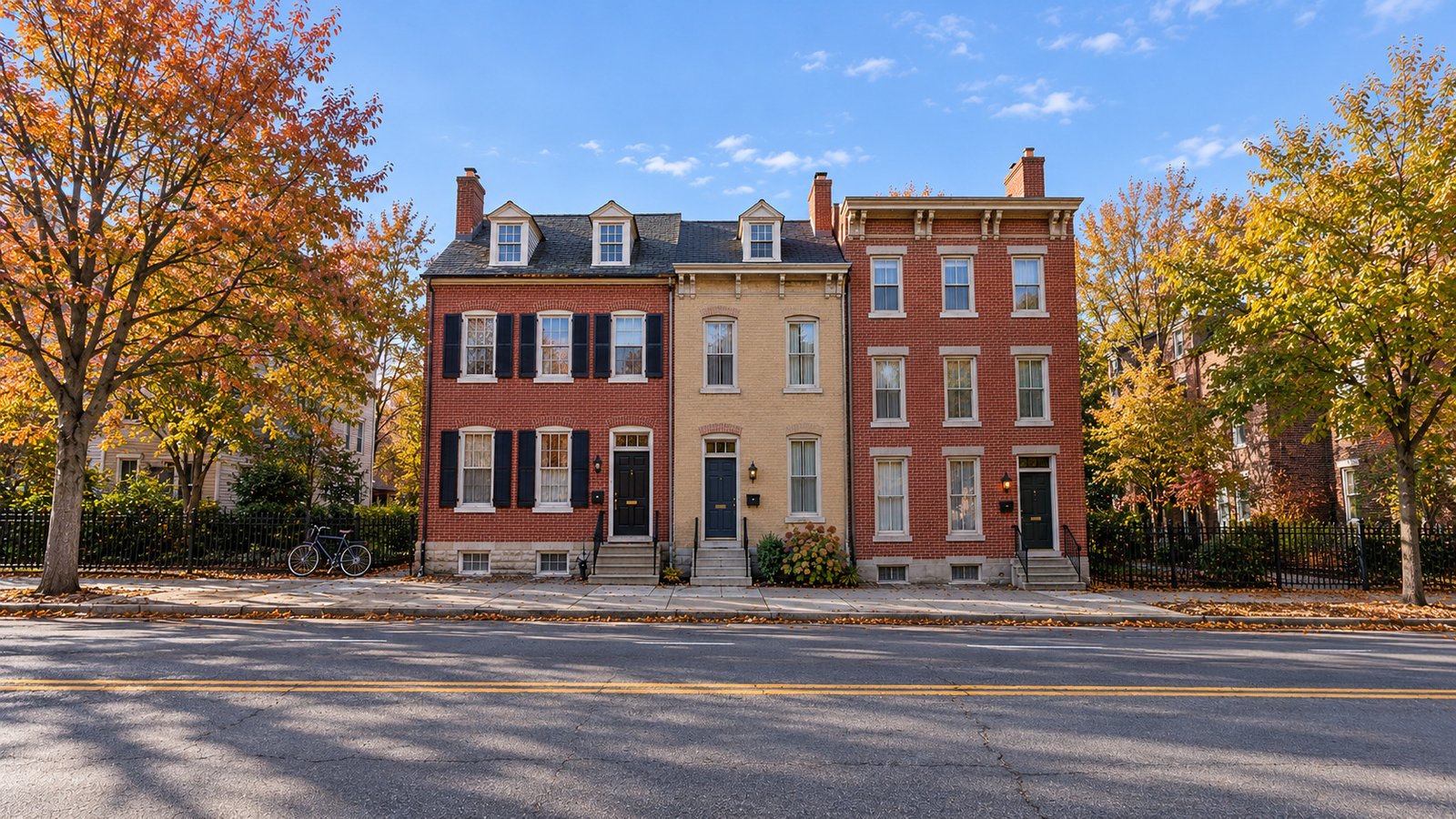 Three attached red and buff brick houses with different roof heights, entrance steps and a continuous sidewalk.