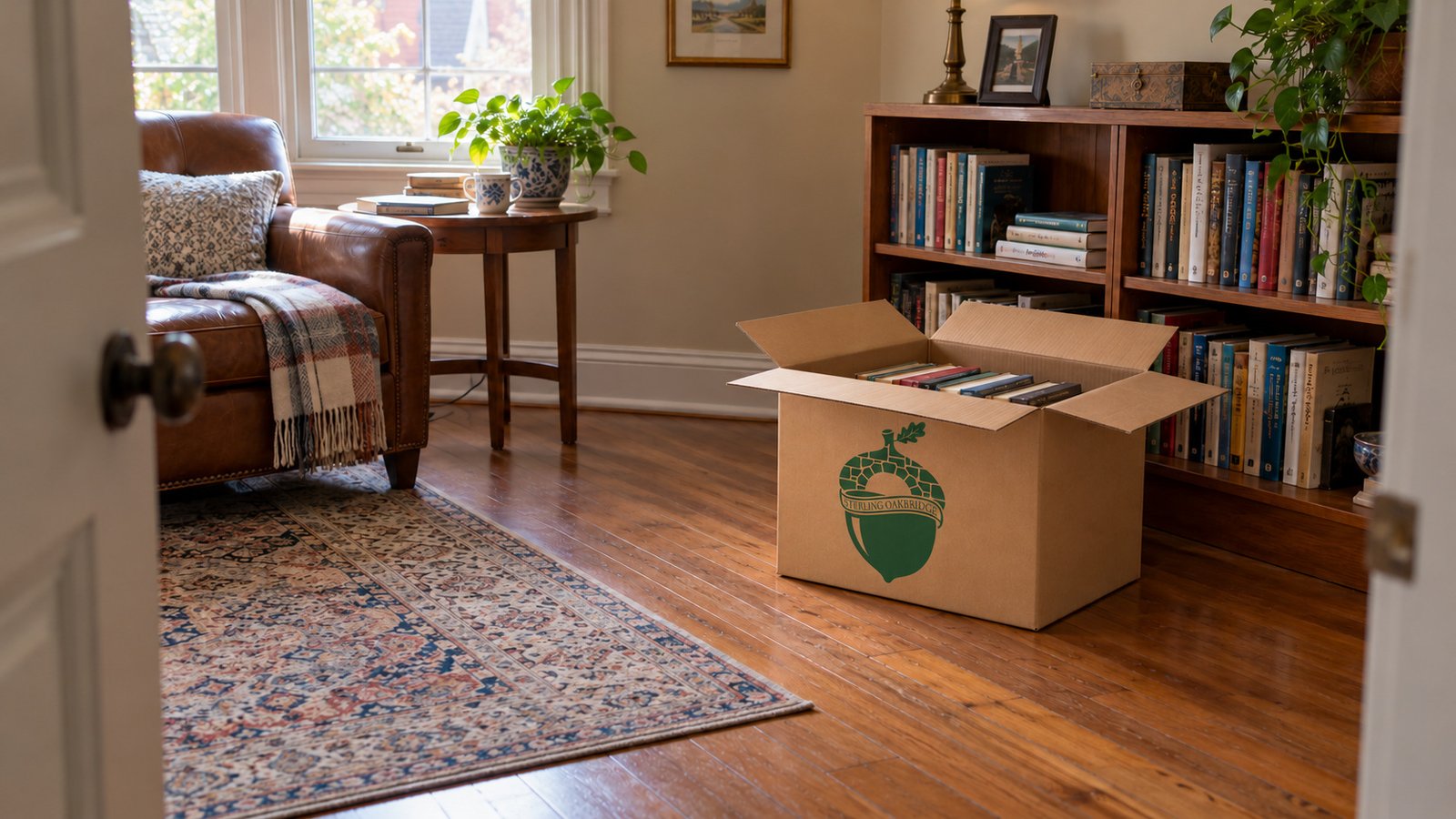 Keep the selected packing group distinct An open green-branded kraft carton containing books rests on a wood floor beside a partially filled bookcase.