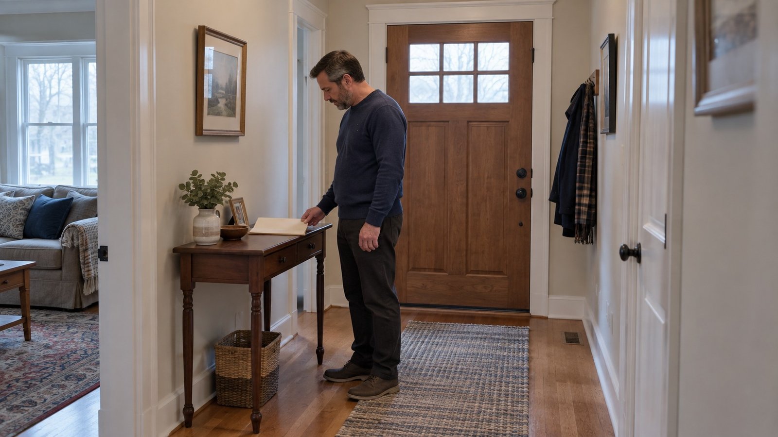 Keep handover records accessible An ordinary resident checking a plain folder at a complete hallway table beside a front doorway.