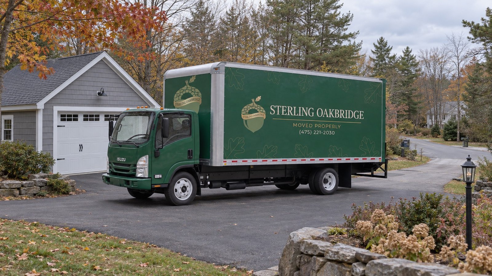 Resolve vehicle standing and departure A complete green Sterling Oakbridge Isuzu moving truck standing in a private paved drive beside a garage.