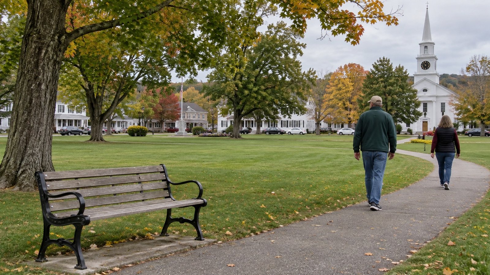 Choose a practical local visit A modest community green with a complete park bench and two adults walking along a clear path.