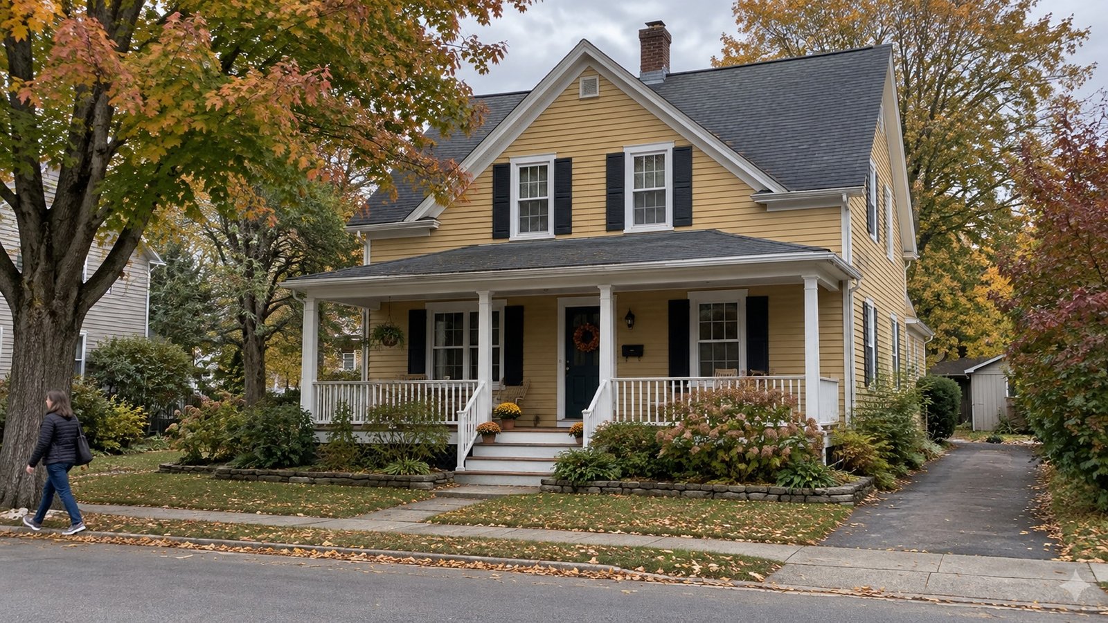 Describe the home and its approach A complete modest ochre clapboard house with a covered porch, front walk and private side drive.