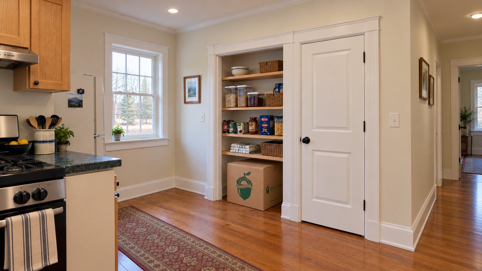 Inspect household storage A modest pantry alcove with storage shelving, a closed door and one kraft Medium carton beneath a shelf.