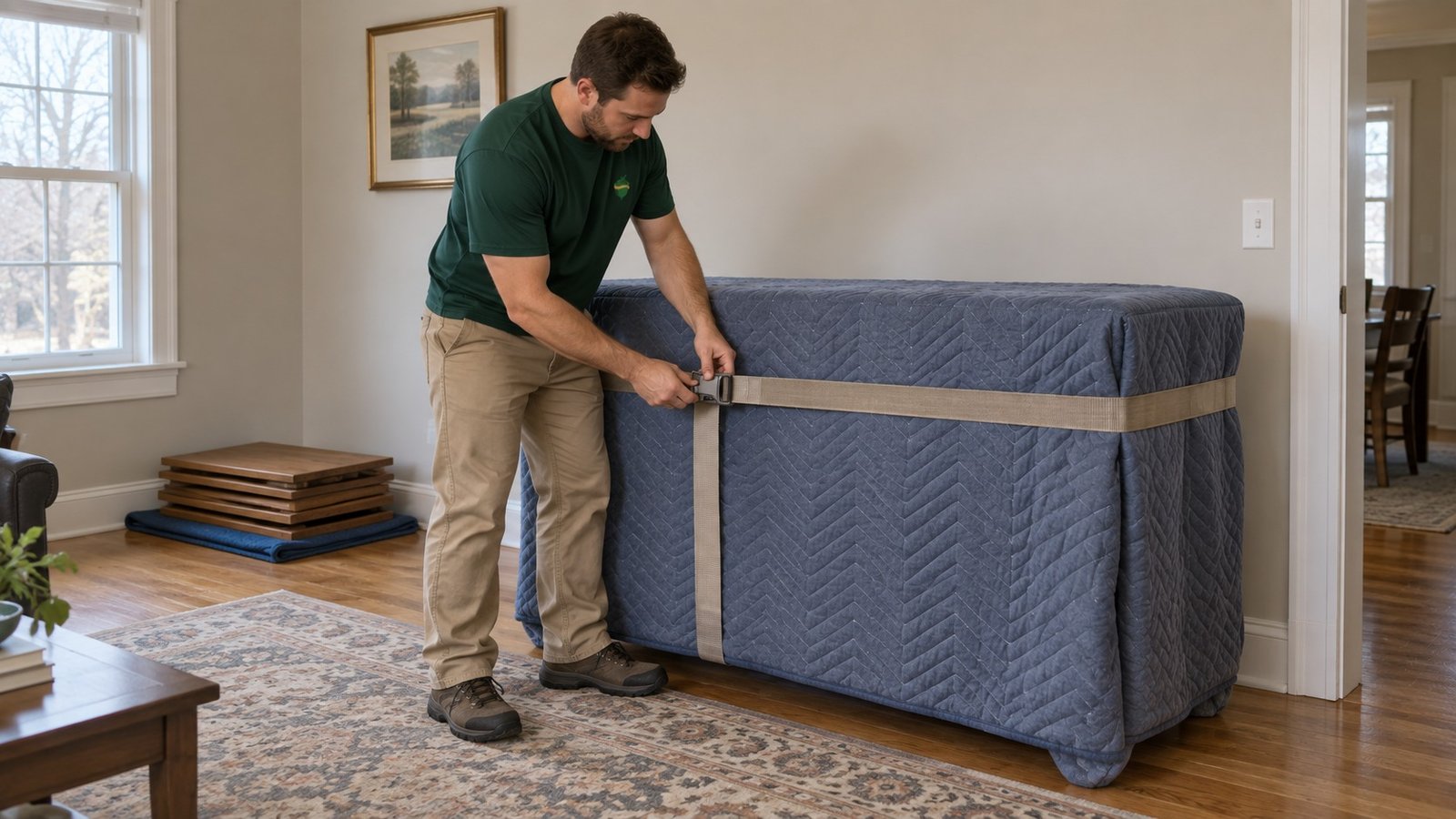 Prepare and protect furniture A male company mover fastening a strap around a blanket-protected wooden sideboard resting on the floor.