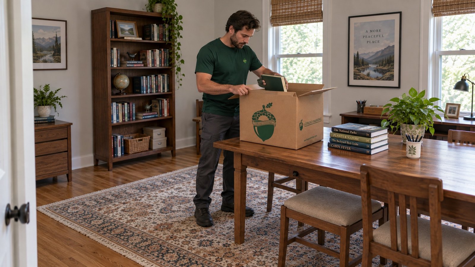 Make one packing task clear A male company mover placing a book in a compact kraft Book carton on a wooden table.