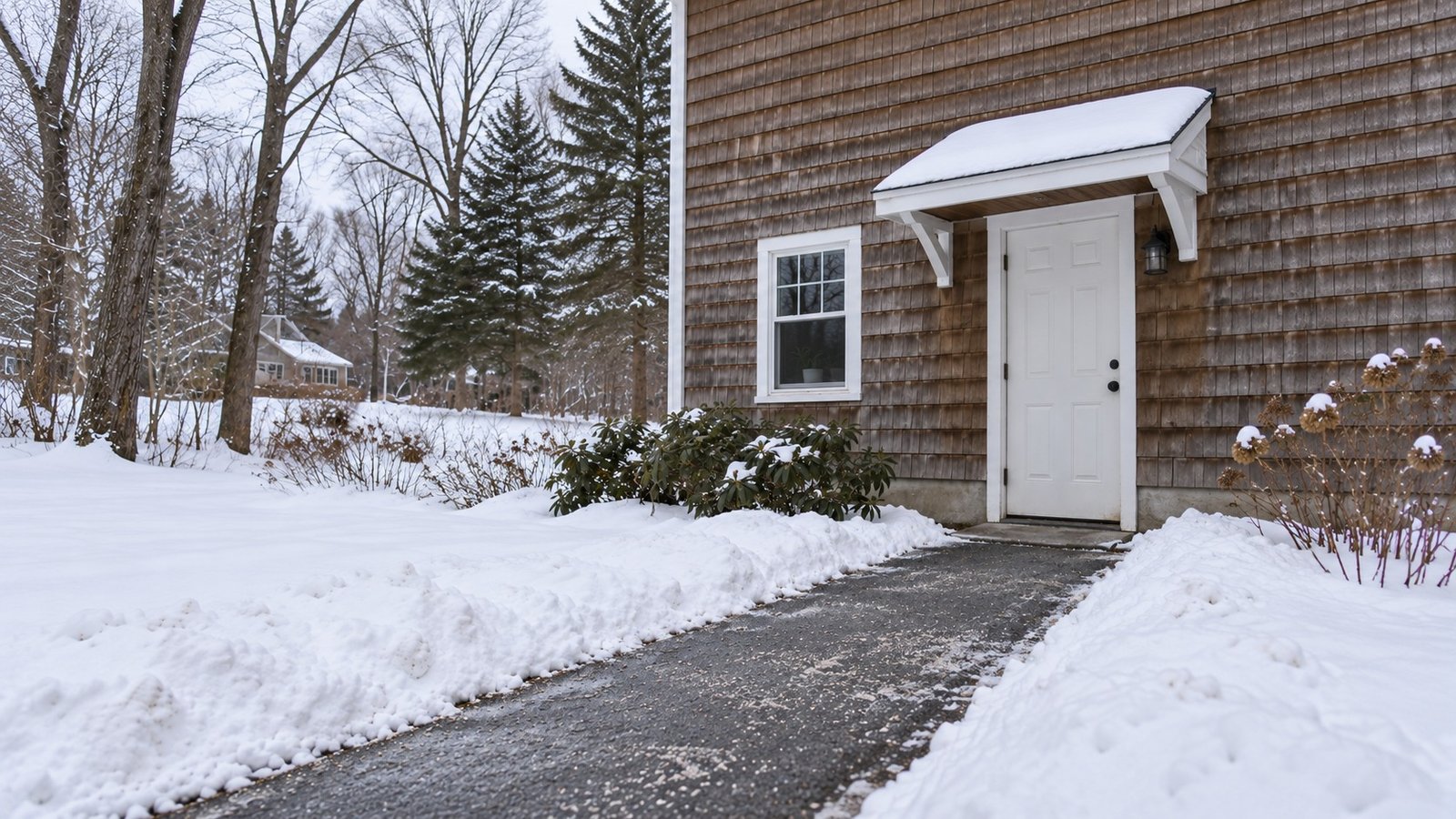 Recheck the winter entrance A complete ground-level entry and cleared paved winter approach beside snow banks.