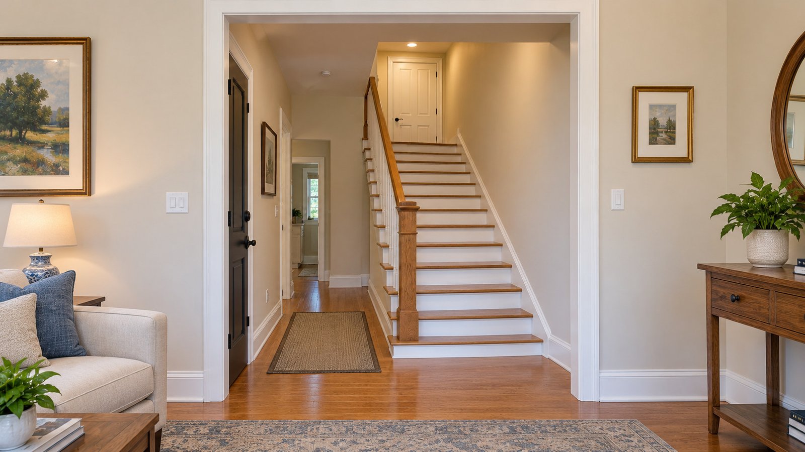 Internal stair and upper landing Complete oak-and-white stair flight from an entry floor to a small upper landing and closed room door