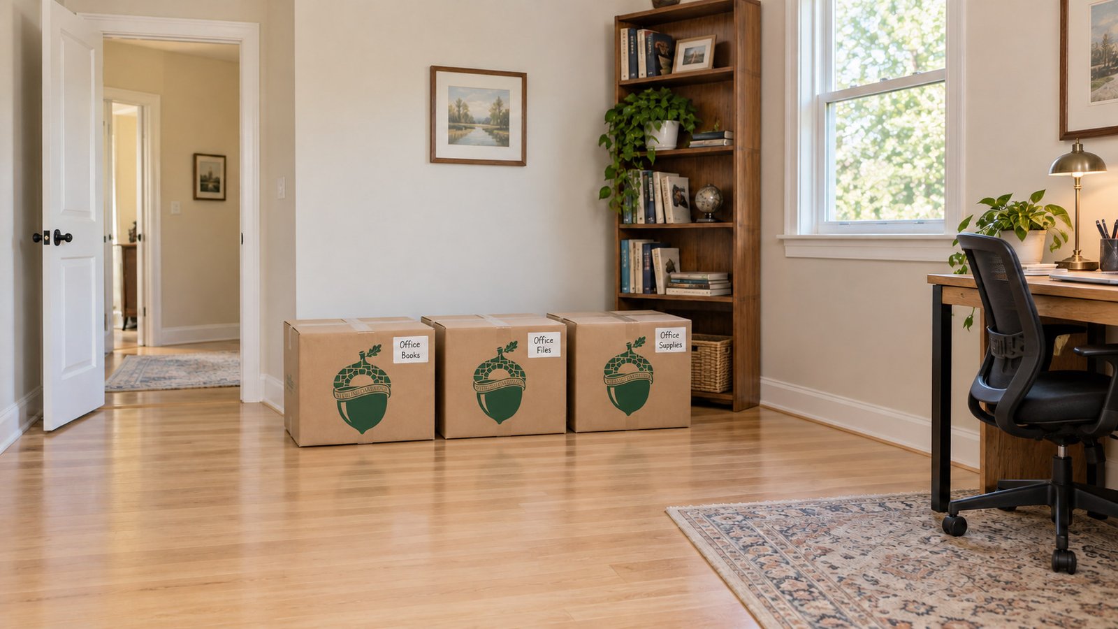 Room destinations after delivery Three closed Office-labelled kraft cartons on a home-office floor beside a clear doorway and desk