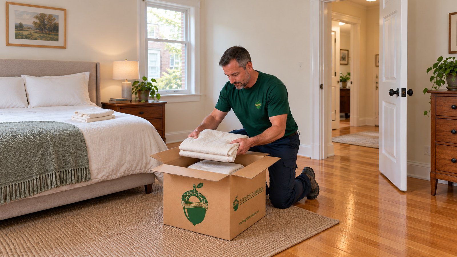 Kneeling mover supports folded bed linens over an open kraft carton on the bedroom floor