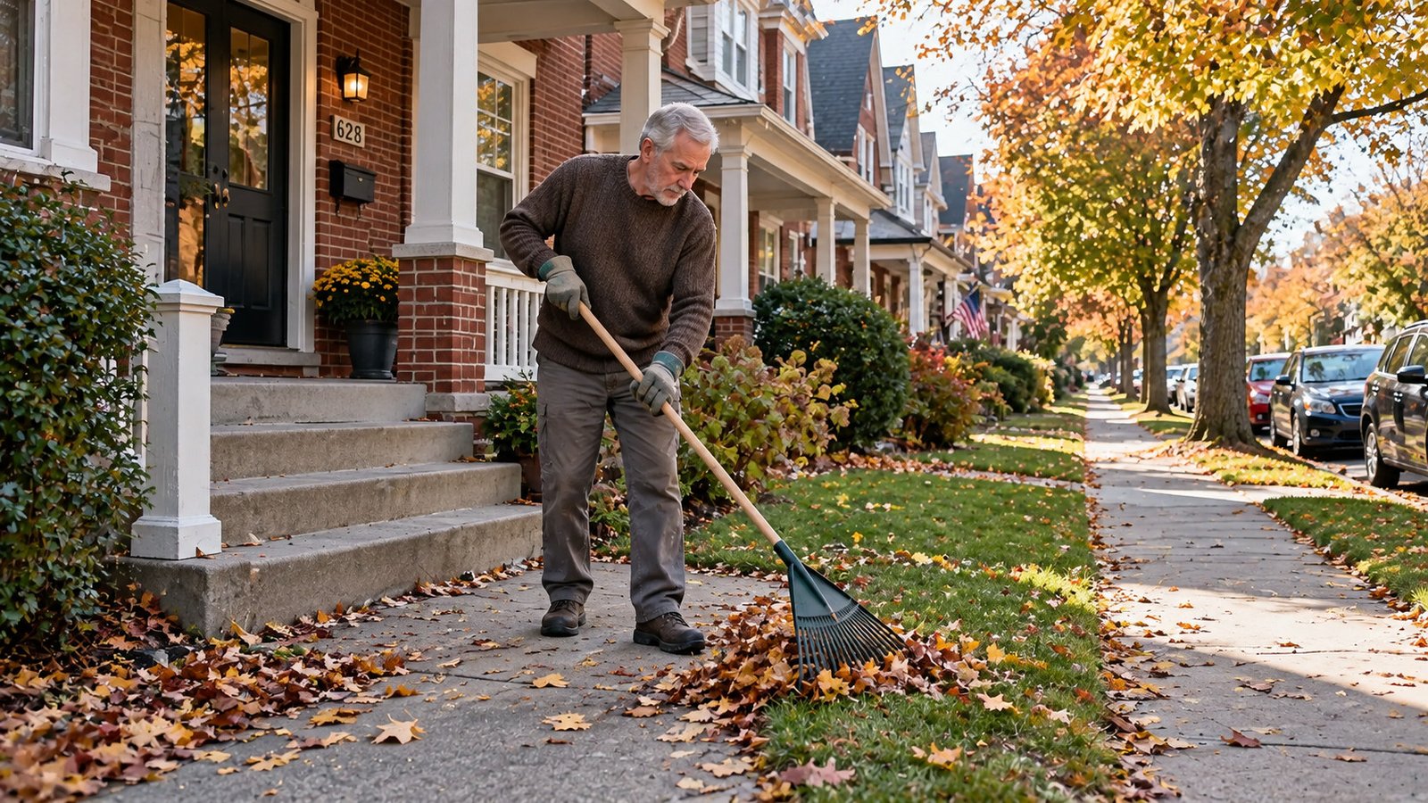 Clearing the private approach A whole resident uses a continuous-handled rake to draw a modest layer of fallen leaves from a private level path toward the lawn beside porch steps.