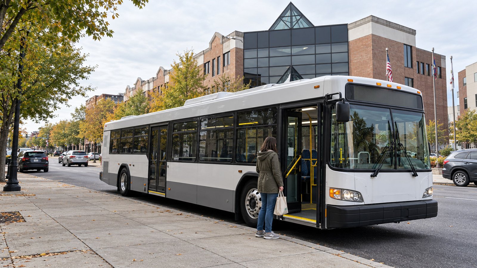 The passenger and the bus entrance A whole passenger waits on the level sidewalk beside an unmarked bus with a complete visible front entrance and boarding step.