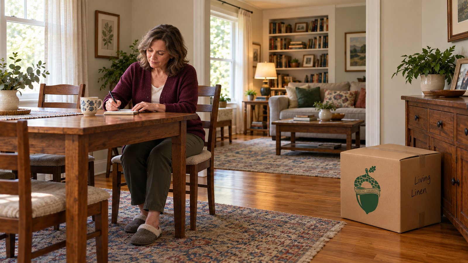 Using the rooms after arrival A resident sits at a real dining table writing a household list, with a furnished adjoining living room, floor-supported cartons and a clear connecting passage.