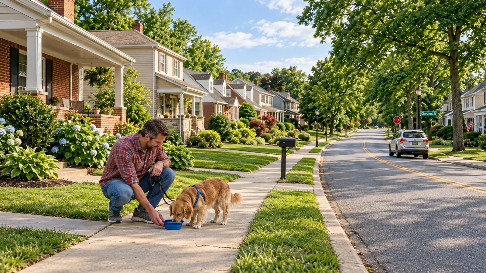 A water pause during the neighborhood dog walk A resident in a red checked shirt crouches beside a small dog drinking from a blue travel bowl on the residential sidewalk.