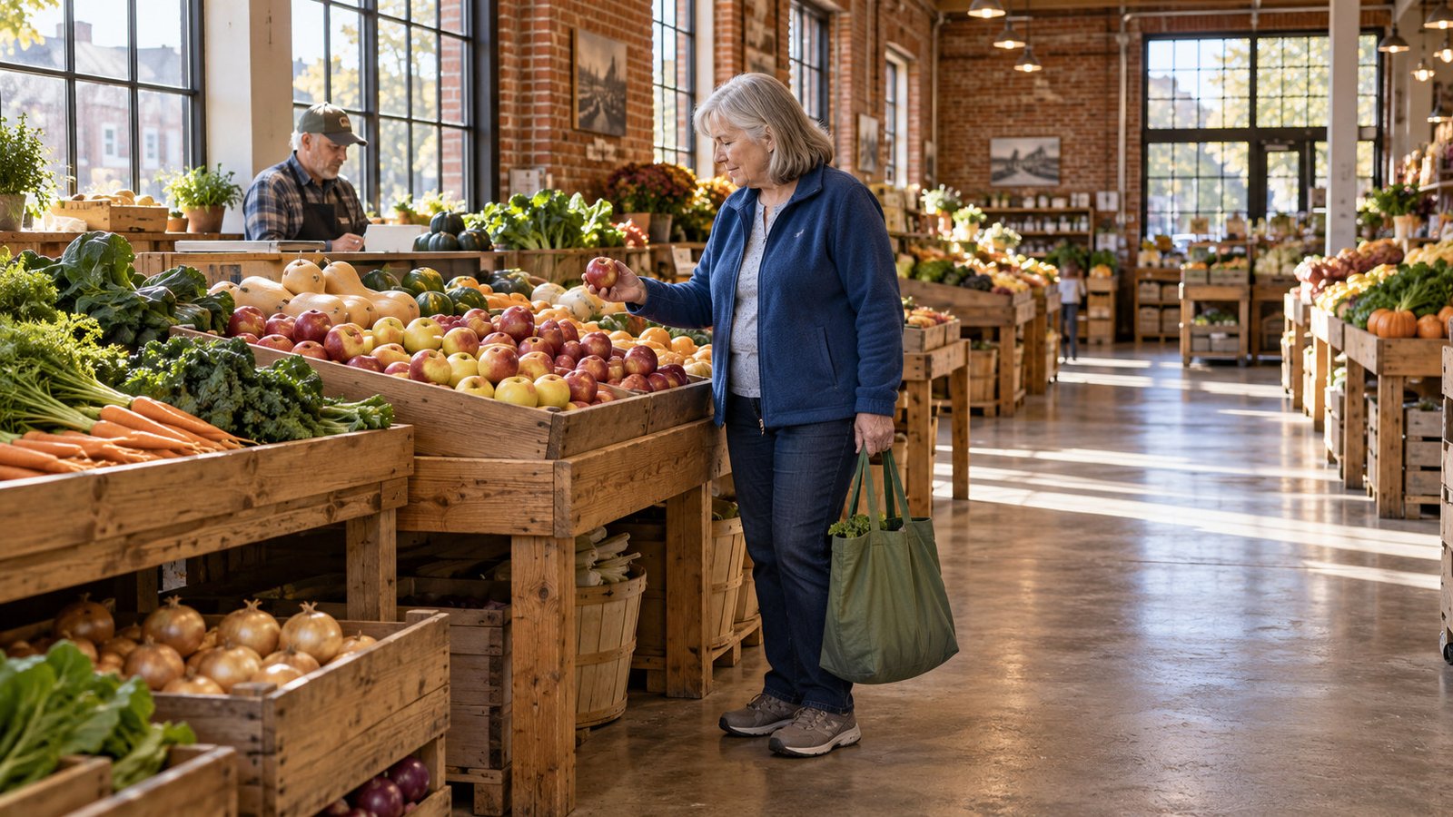Groceries for the ordinary week A whole shopper chooses produce at a supported market counter, with an ordinary bag and a clear public aisle.