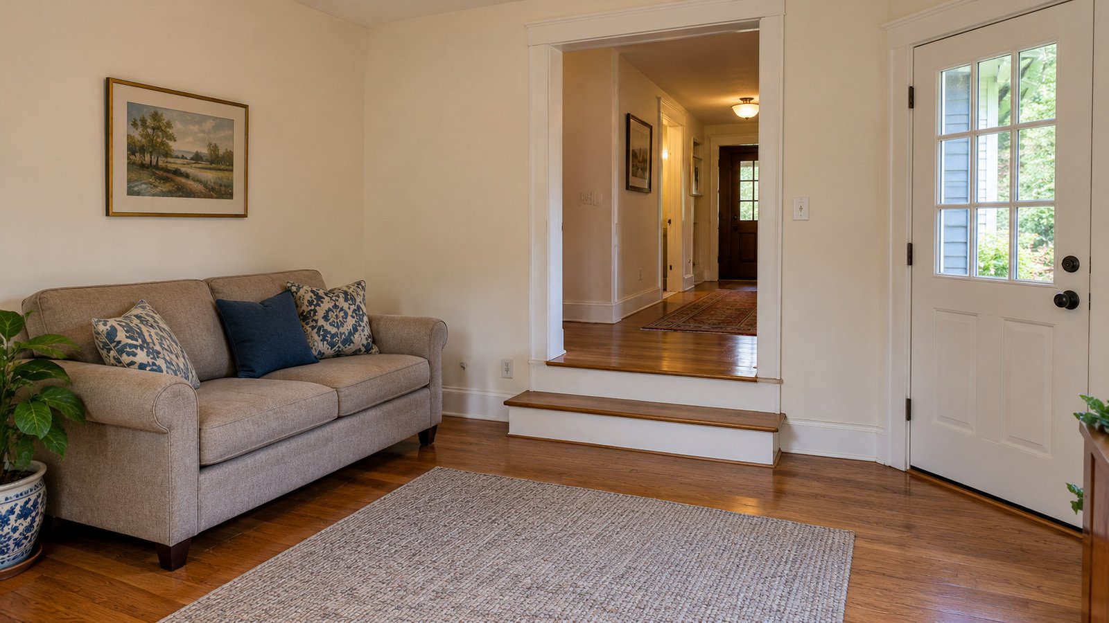 House access: rear-room level change Two interior steps connect a rear room to a clear hallway